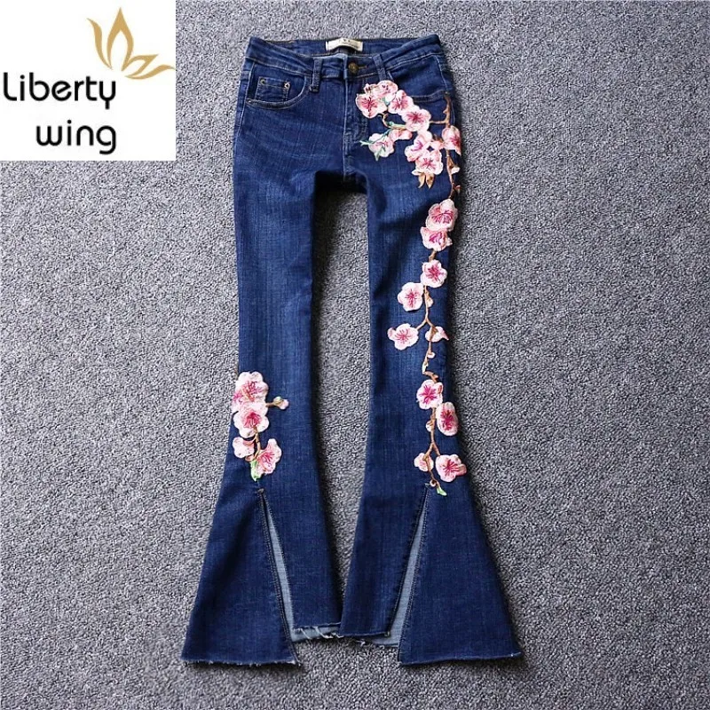 High Street Split Tassel Slim Flare Jeans Woman Embroidered Flower Casual Trousers Summer Blue Fashion Denim Wide Leg Pants S-XL