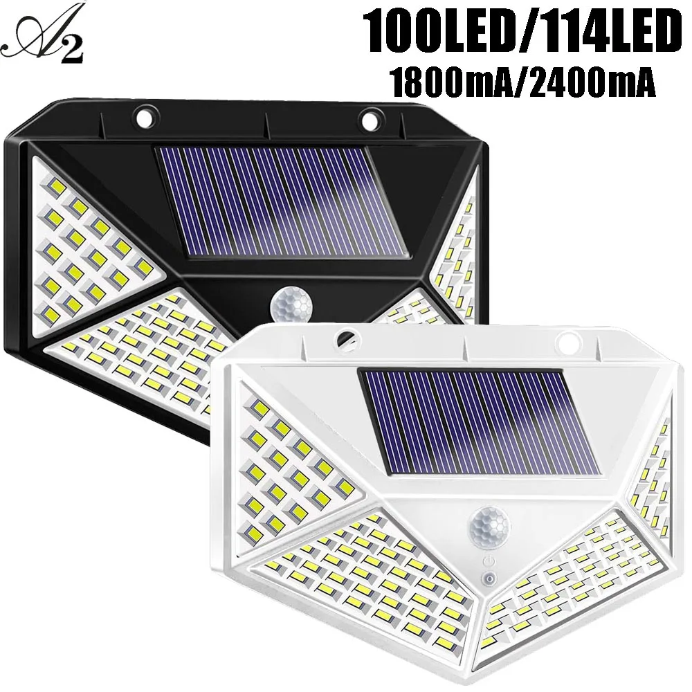 A2 solar lamp lantern 100/114 LED light 4-side 2400mA PIR motion sener Garden outdoor Patio Yard Wall Driveway Fence