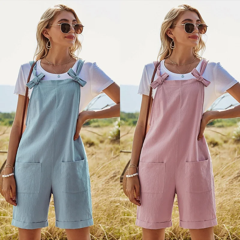 

2021 Spring New Spaghetti Strap Playsuits Women Casual Bow Overalls Female Solid Color High Waist Playsuits