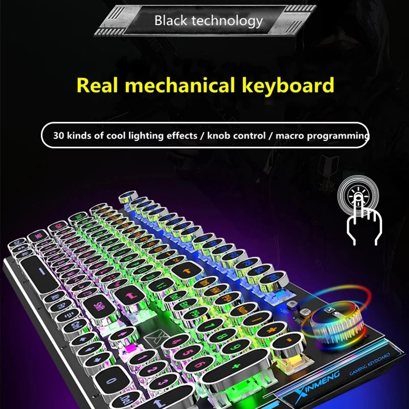 Высококлассная стимпанк механическая клавиатура с подсветкой RGB светящаяся Двухрежимная ручка Ретро металлическая панель красочная игровая клавиатура для ПК