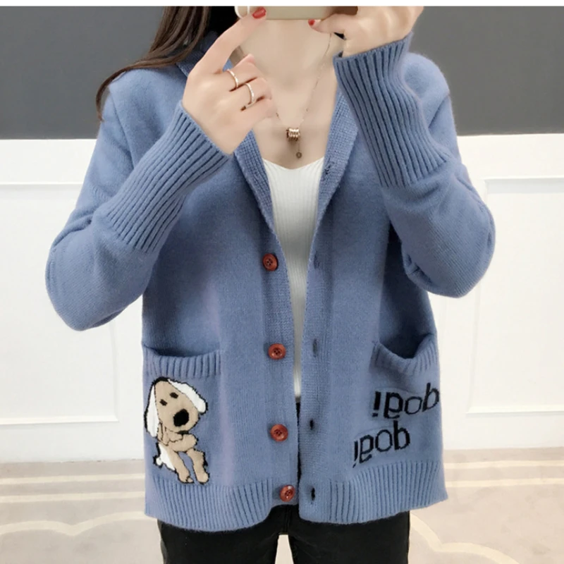 

Женский кардиган с капюшоном, свободный трикотажный кардиган с принтом собаки, Осень-зима