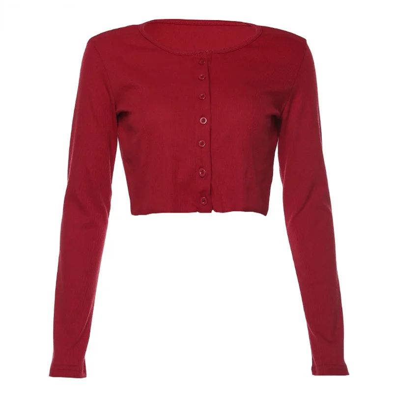 

Autumn Solid Color Retro Single-breasted Round Neck Thin Knit Short Cropped High Waist Short-sleeved Fashion Casual Top T-shirt