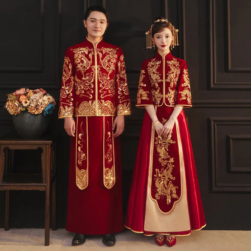 Autumn Retro Chinese Beading Embroidery Velour Marry Cheongsam Traditional Bride Groom Wedding Dress Свадебное платье