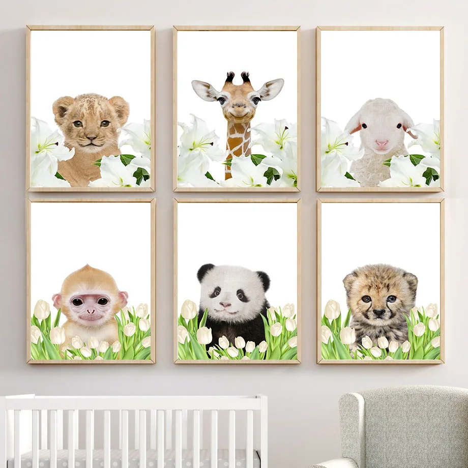 

Lion Giraffe Elephant Raccoon Tulip lily Flower Wall Art Canvas Painting Nordic Posters And Prints Wall Pictures Kids Room Decor