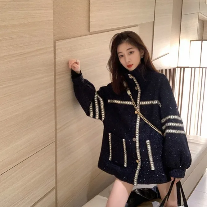 

Small Fragrance Thick Woolen Coat Female New Korean Style Temperament Light Mature Loose Long-sleeved Wild Quilted Top