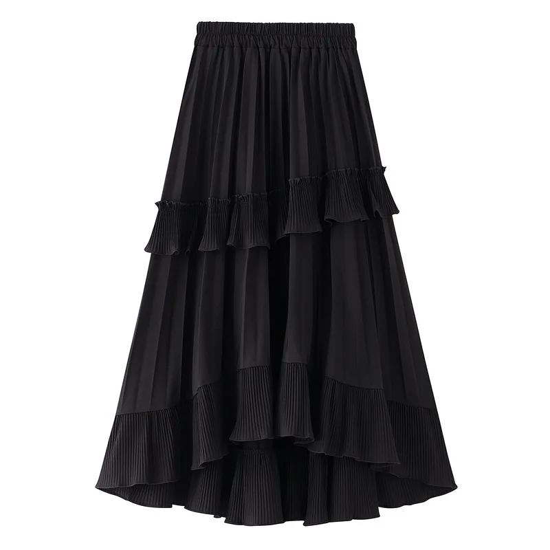 

Korean Ruffle Midi Long A-line Skirt Beige White Fashion Women Casual Spring Summer High Waist Irregular All-match Skirts Female