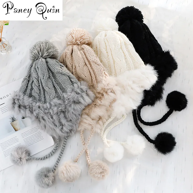 rabbit fur hat for women fluffy earflap ear caps skiing ear protection ball headgear warm beanies knit hat fur bomber hat women free global shipping