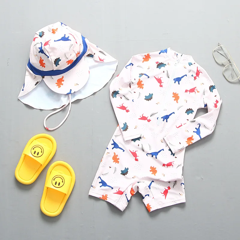 Boy Swimsuit UV One Piece with Cap Children's Swimwear Shark Dinosaur Long Sleeve Bathing Suit for Baby Toddler Beachwear Kids