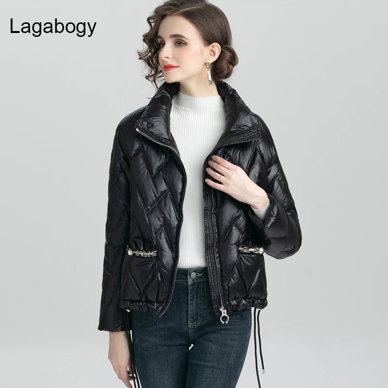 

Lagabogy 2021New Winter Women Parka Long Sleeve Loose Pocket Warm Puffer Jacket Female White Duck Down Coat Stand Collar Outwear