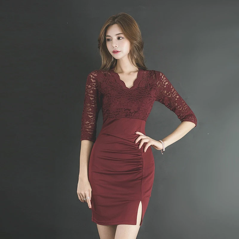 

Новое поступление, модное женское элегантное осеннее сексуальное кружевное платье с v-образным вырезом и пятью рукавами, вечерние платья, т...