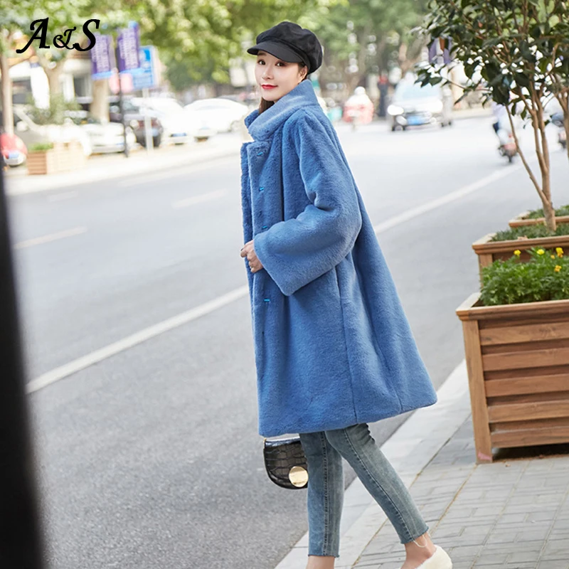 Anbenser Fashion Autumn Winter Fur Wool Jacket Over the Knee Woman New Casual Loose Coat Fashion Mandarin Collar Faux Fur Coats
