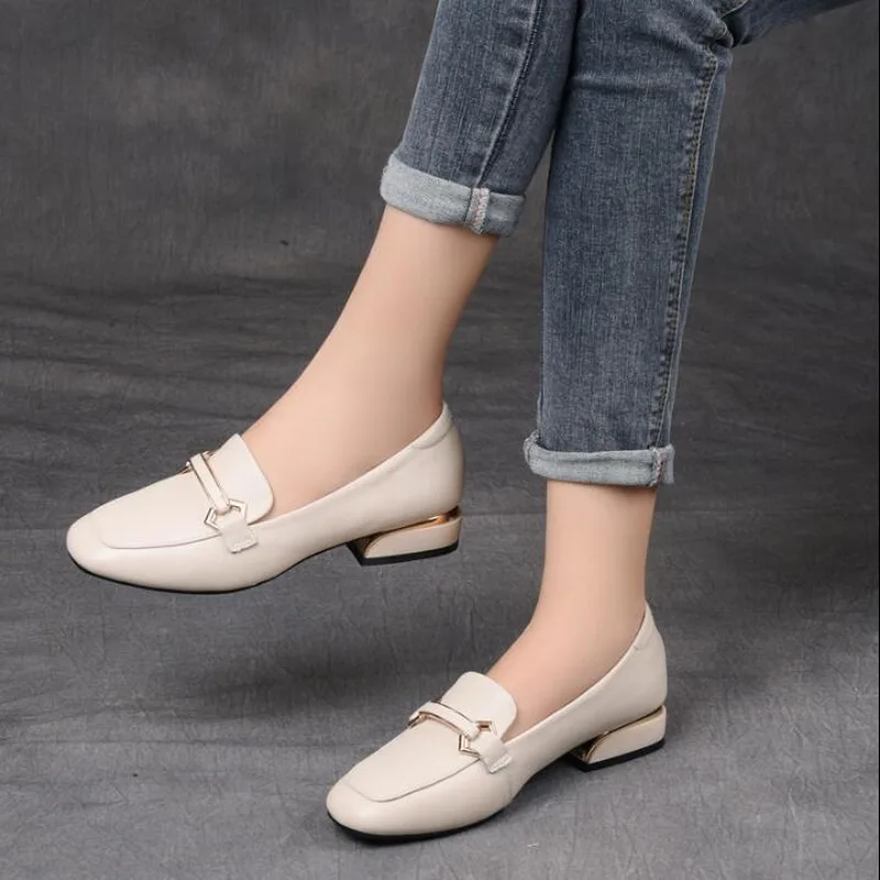 Genuine Leather Female Loafers Slip On Square Toe Flats for Women Black White Casual Shoes Spring Lady Flats