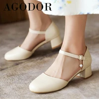 agodor 2021 spring two piece med heels women shoes round toe chunky heel dress pumps buckle female footwear black large size 43