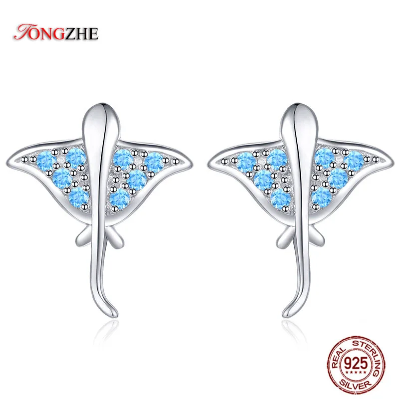 

TONGZHE Cute Ocean Blue Manta Stud Earring Stud 925 Sterling Silver Jackets Devil Fish Sea Animal for Women Fine Jewelry