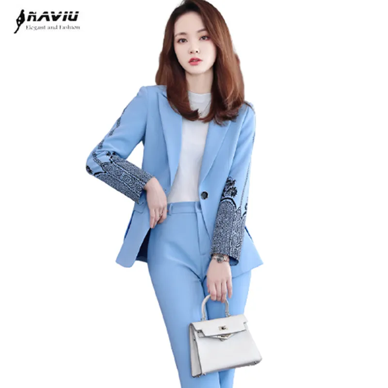 Naviu 2 Pieces Set Women Formal Pants Suits Spring New Temperament Slim Long Sleeve Blazer and Trouses Office Ladies Work Wear