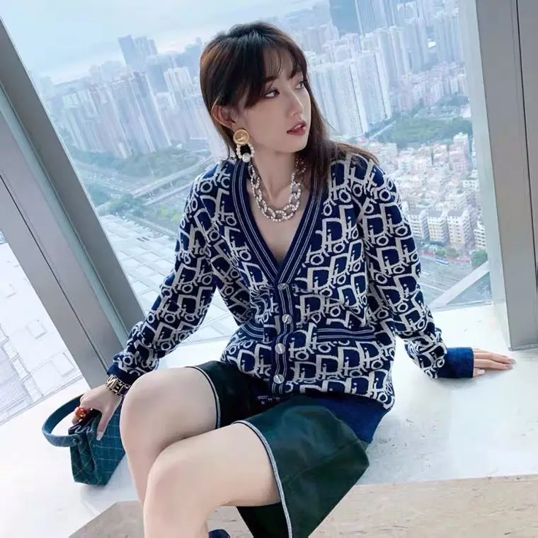

Top fashion letter print knitted cardigan V-neck loose sweater female