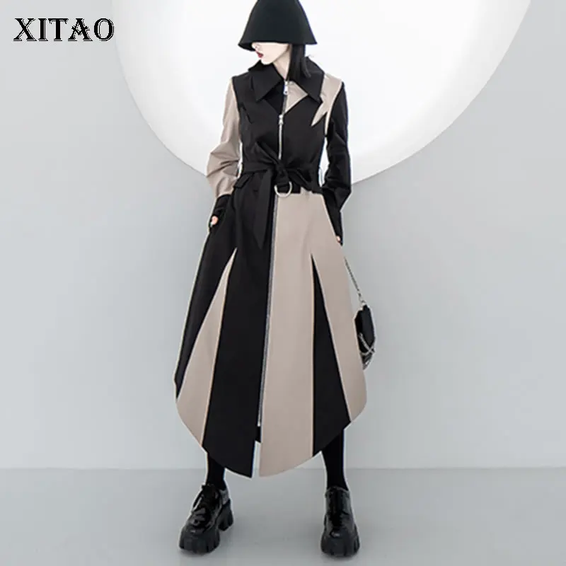 

XITAO Patchwork Hit Color Drawstring Waist Women 2021 Autumn Casual Fashion Style Temperament All Match Women Clothes WMD3150