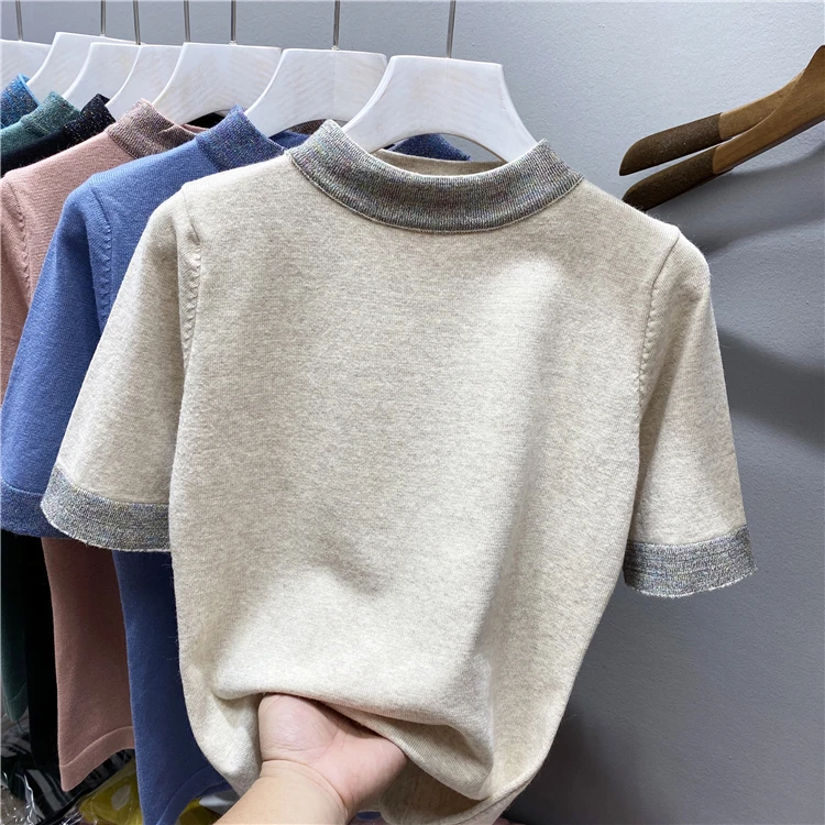 Fashion loose half sleeve knitted sweater women turtleneck patchwork Pullovers 2022 spring autumn tops | Женская одежда