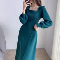 knitted dresses womens long sleeved base dress square neck sweater long dress for women retro autumn winter womens clothing