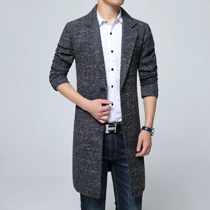 Мужская ветровка с длинными лацканами Повседневная приталенная шерстяная из