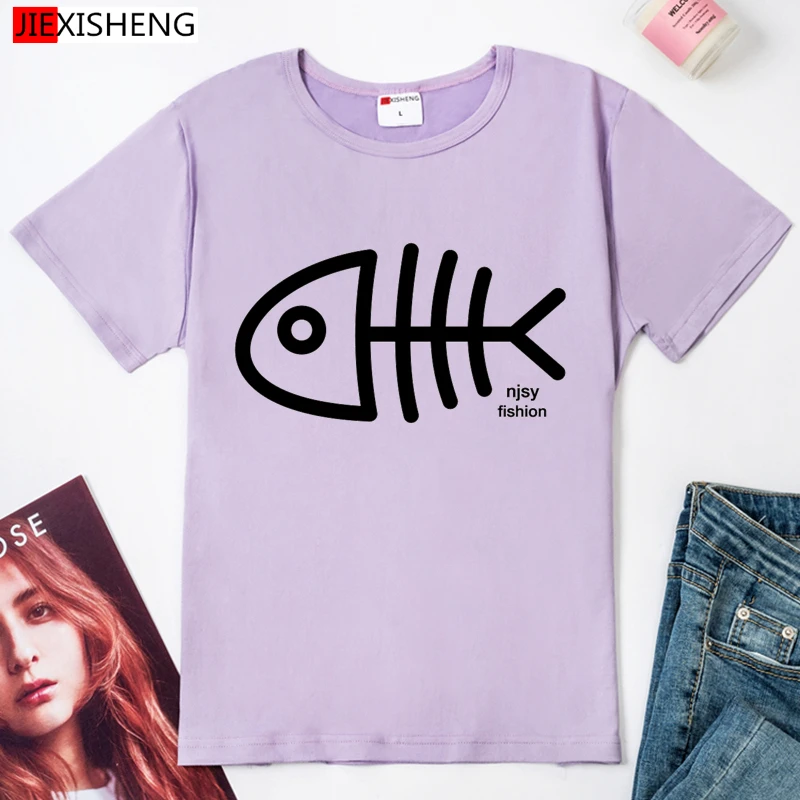Женская хлопковая Футболка с рисунком рыбок и костей коротким рукавом|short sleeve|sleeve