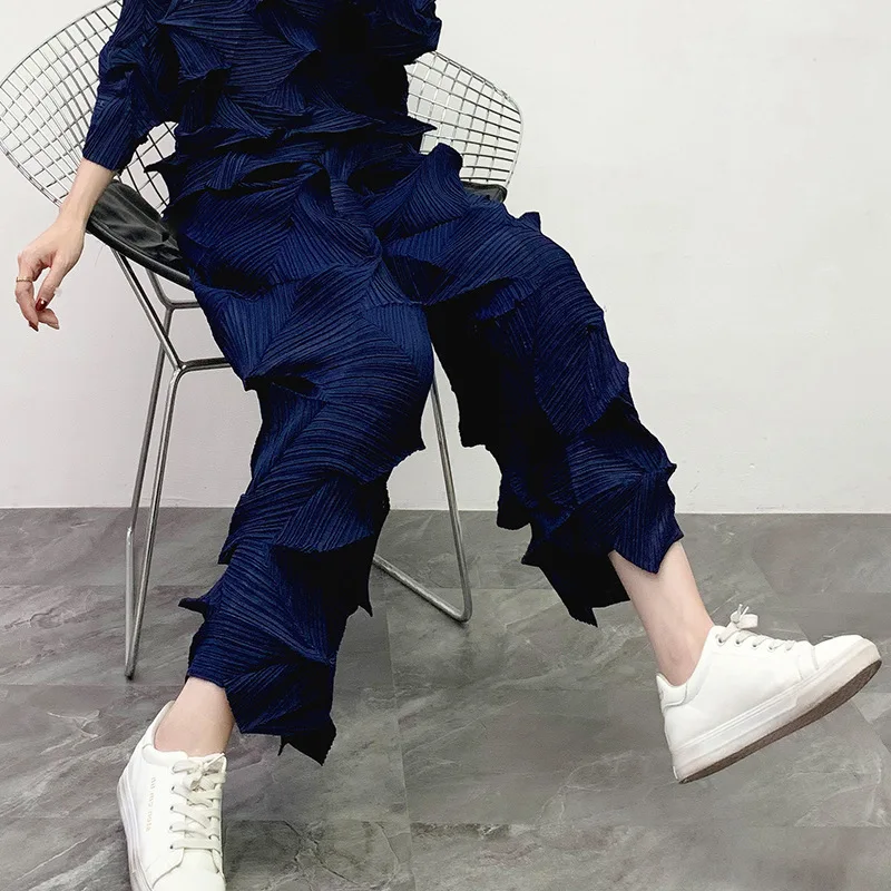 navy pants 2 шт. наряды для женщин Miyake складки пожалуйста однотонный повседневный комплект пуловер футболка длинные широкие брюки осенний модный костюм - Цвет: navy pants