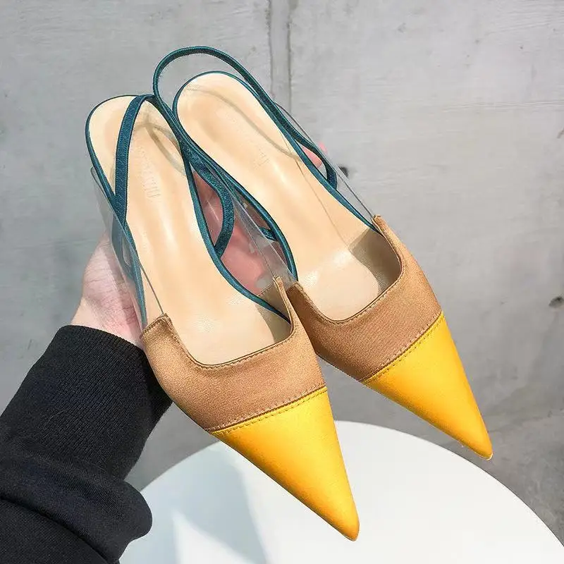 

Color matching new fairy style versatile bag head thick heel medium heel pointed shallow mouth summer one line high heeled shoes