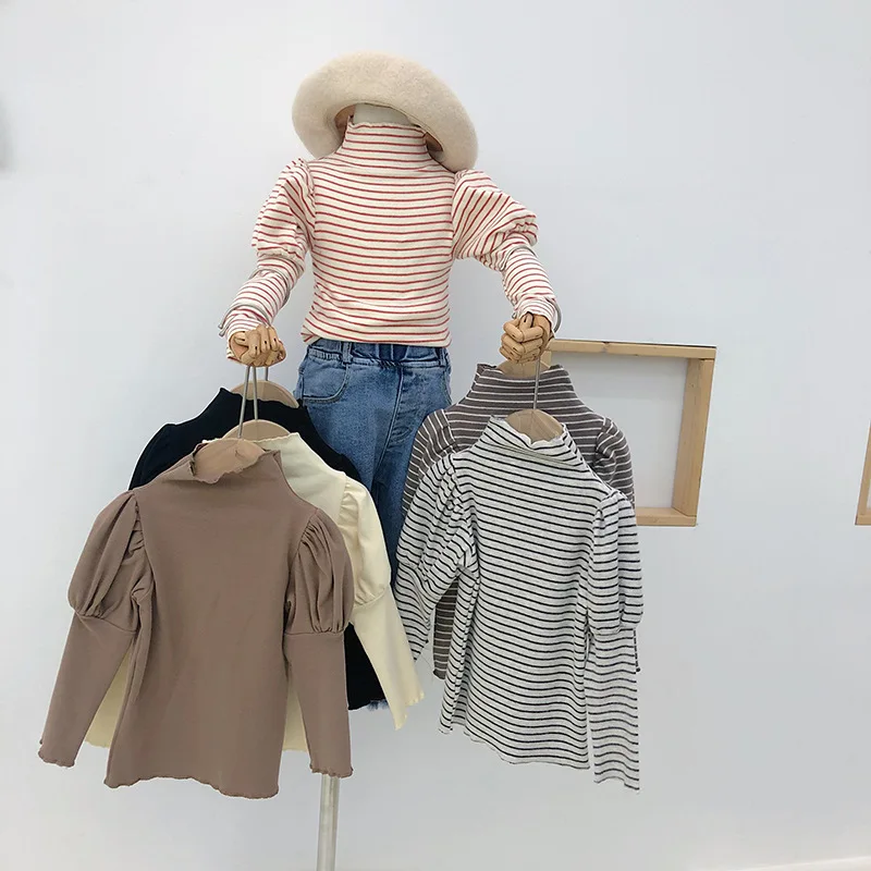 

От 3 до 9 лет детская футболка для девочек Осенняя Корейская повседневная детская футболка в полоску с пышными рукавами для девочек, детские ...