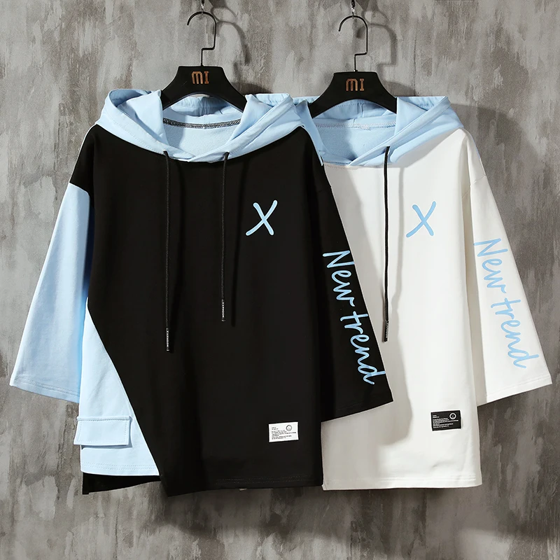 

VIANKANI Half Sleeve Hoodie T-Shirt Sweatshirt Men's Hoodie Casual Color Matching Men's Lace Up Hoodie S-3XL