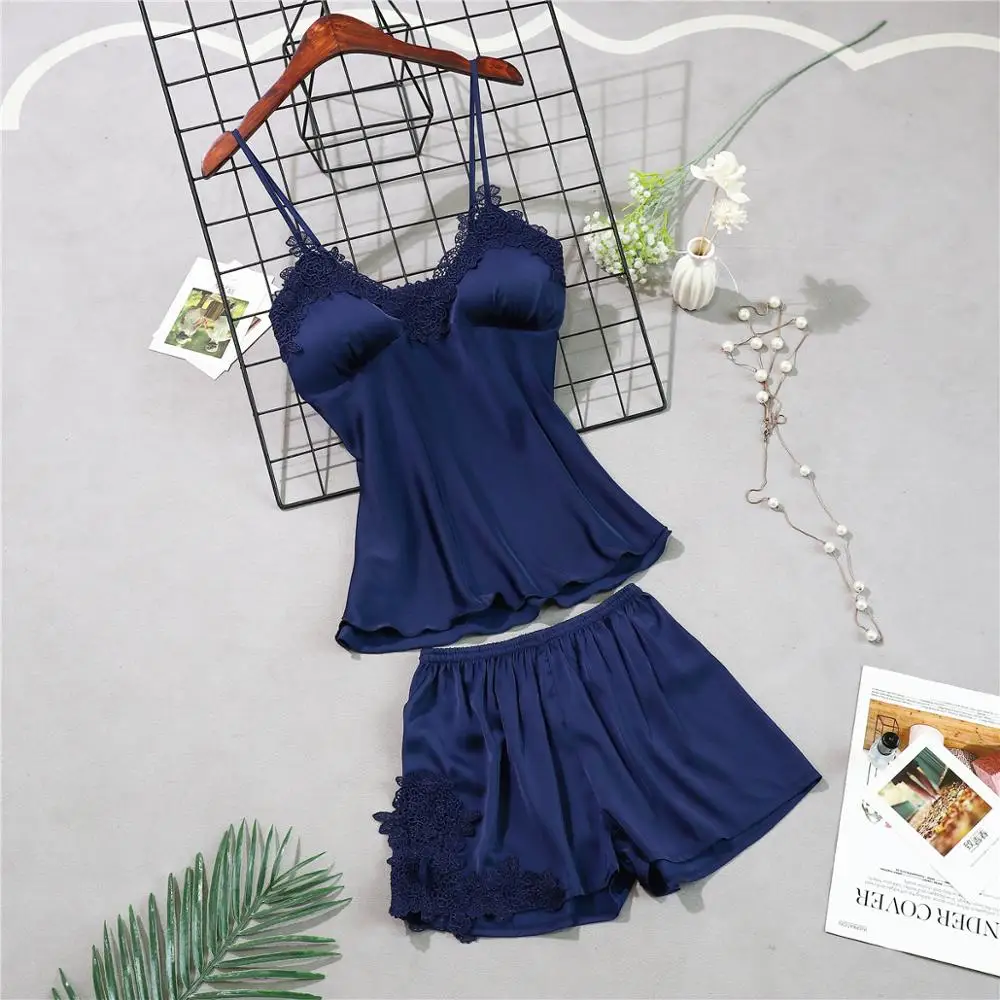 navy blue A Женские пижамы, 5 шт., атласная пижама, шелковая Домашняя одежда, домашняя одежда, вышивка, Пижама для сна, для отдыха, пижама с нагрудными накладками - Цвет: navy blue A