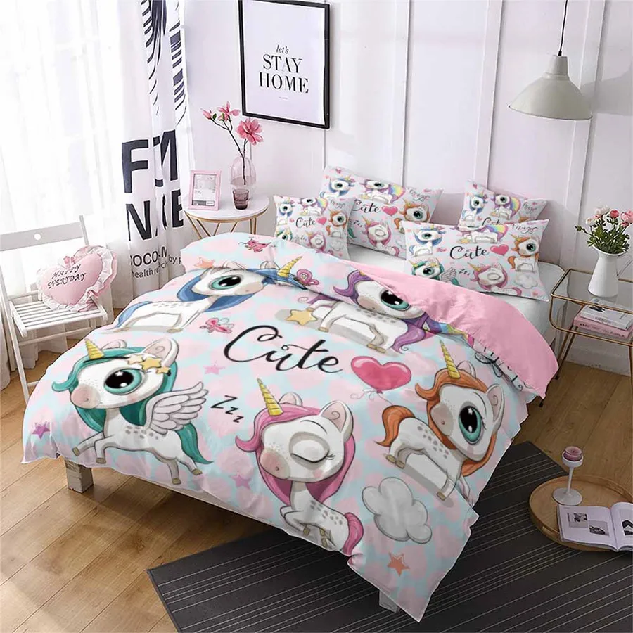 

HELENGILI 3D Bedding Set Cartoon unicorn Print Duvet Cover Set Bedcloth with Pillowcase Bed Set Home Textiles #YC-132