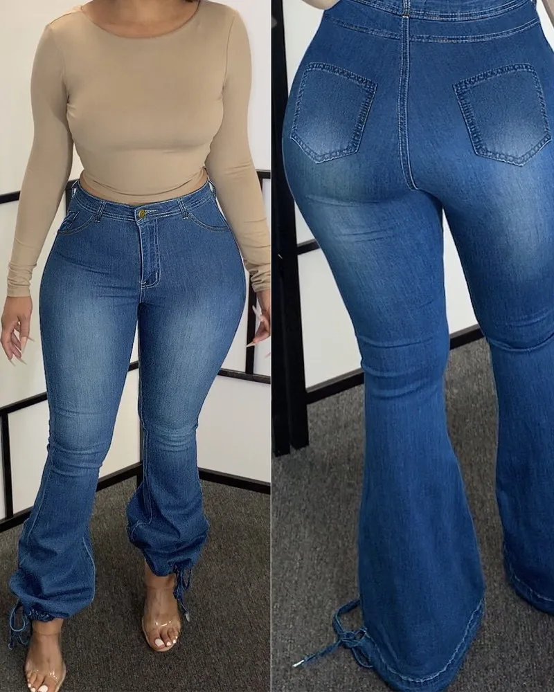 

Women's Fashion Zipper Fly Belted Hem Flare Leg Skinny Jeans Female Pants