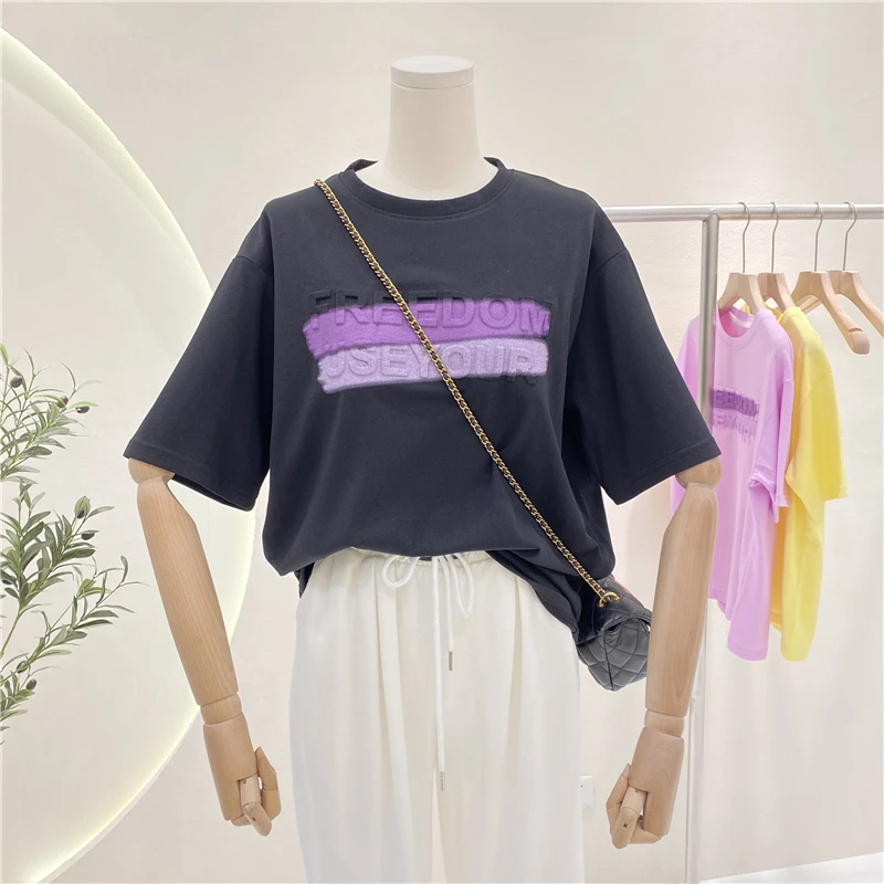 

2021 New Spring and Summer New Women's Clothing round Neck Three-Dimensional Offset Letter Half Sleeve Fashion Tops Women
