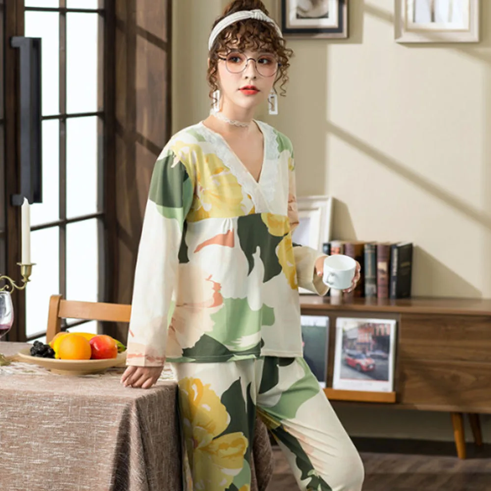 Женские пижамы с длинным рукавом пижама женская V-образным вырезом кружевная