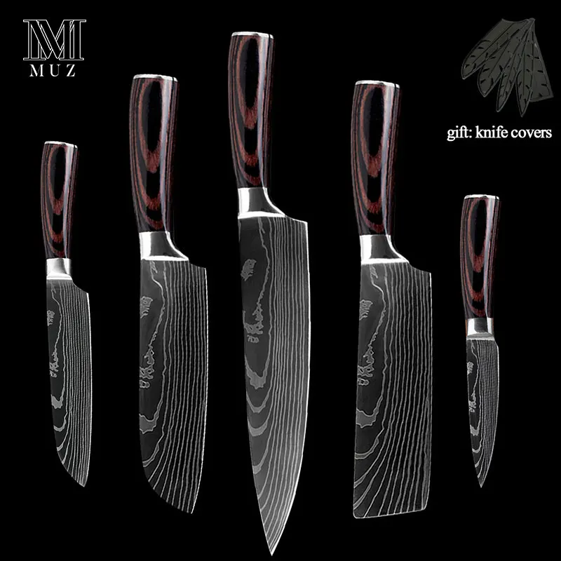 5pcs set Нержавеющая сталь, высокое качество, 8 дюймов, нож шеф-повара, лазерный дамасский сантоку, кухонные ножи, острый Кливер, нож для нарезки, подарок - Цвет: 5pcs set