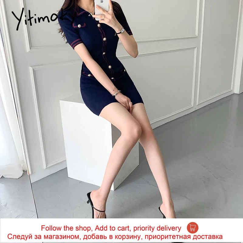 

Yitimoky Knitting Dresses for Women Vintage Button Up Short Sleeve Turn-down Collar Dress Loose Summer 2021 Casual New Fashion