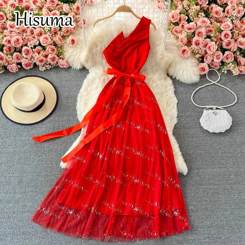 

Женское шифоновое платье с блестками, элегантное Сетчатое праздвечерние чное платье-трапеция с диагональным воротником и сетчатой талией, ...