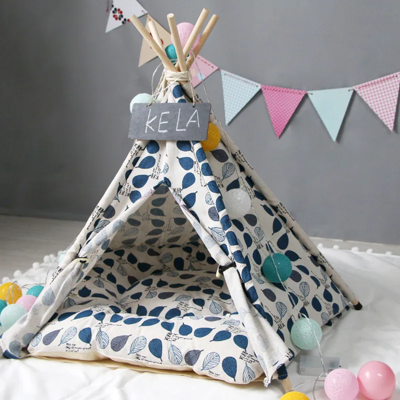 2020 New Blue Leave Pattern Foldable Pet Tent For Dog Cats Small Animals Supplies Thicks Mats Houses Teepee Dec | Дом и сад