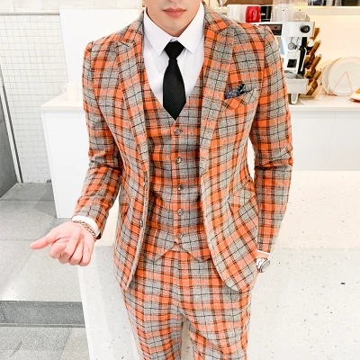 Orange Plaid Suit Мужские свадебные костюмы из 3 предметов, большие размеры 5XL, мужские костюмы-смокинги, мужские клетчатые костюмы с двойным вентиляционным отверстием, приталенные мужские костюмы Terno Masculino - Цвет: Orange Plaid Suit