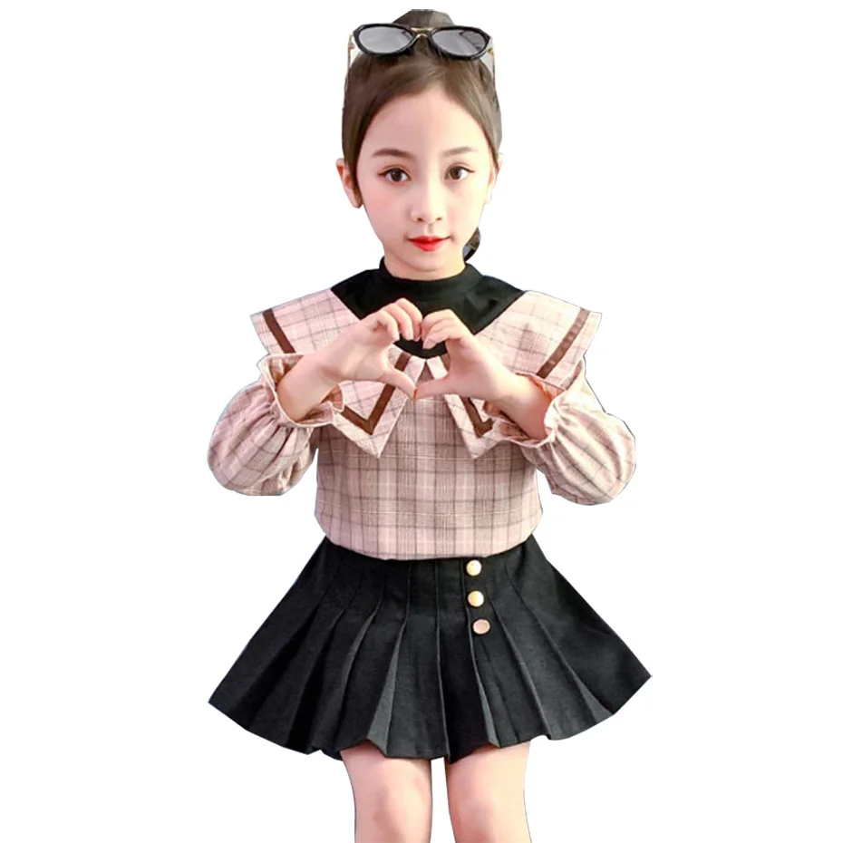 Одежда для подростков девочек в клетку спортивный костюм Двойка Блузка + юбка