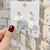 925 silver needle pearl shell tassel earrings korean temperament long super fairy net red pop earrings