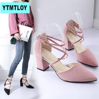 2019 new summer pointed thick with womens shoes cross with comfortable versatile hollow high heels frosted sandals