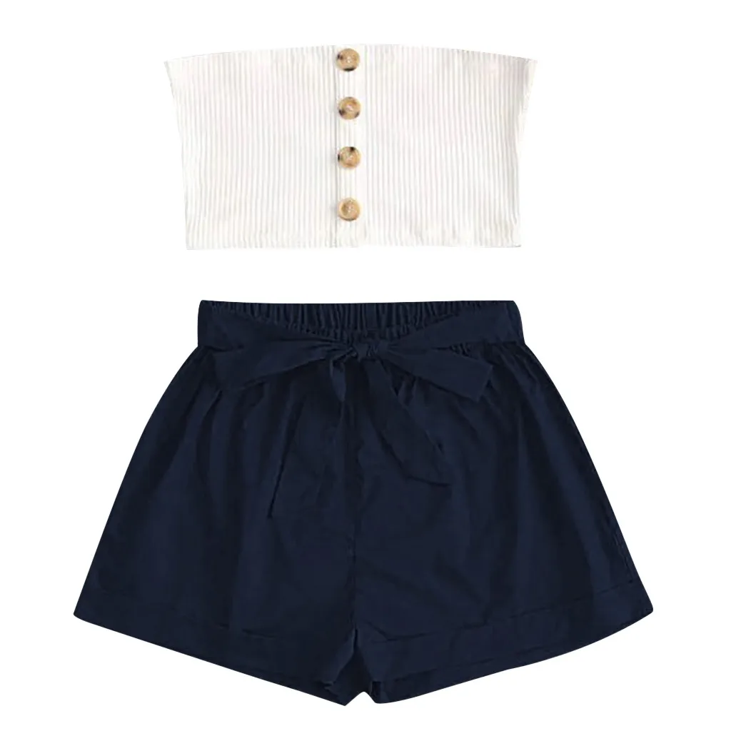2020 Sexy Off Shoulder Two Piece Set Solid Button Bodycon 2 Women bra top Tube Crop Tops And Shorts Summer Sets |