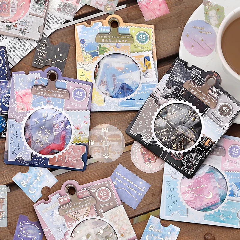 

45pcs Retro Starry Forest Stamp Decorative Foil Gold Stickers Scrapbooking Label Diary Stationery Album Phone Journal Planner