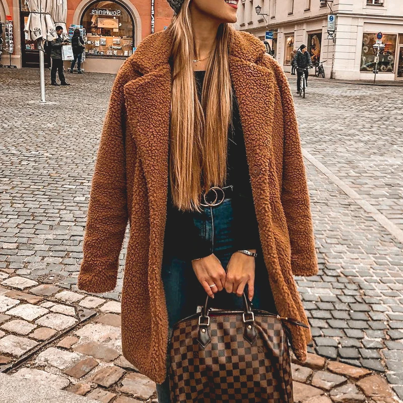 Women Winter Suede Jacket 2019 Fashion Teddy Bear Caramel Long Coat Female Sleeve Faux Fur Fluffy Outerwear | Женская одежда