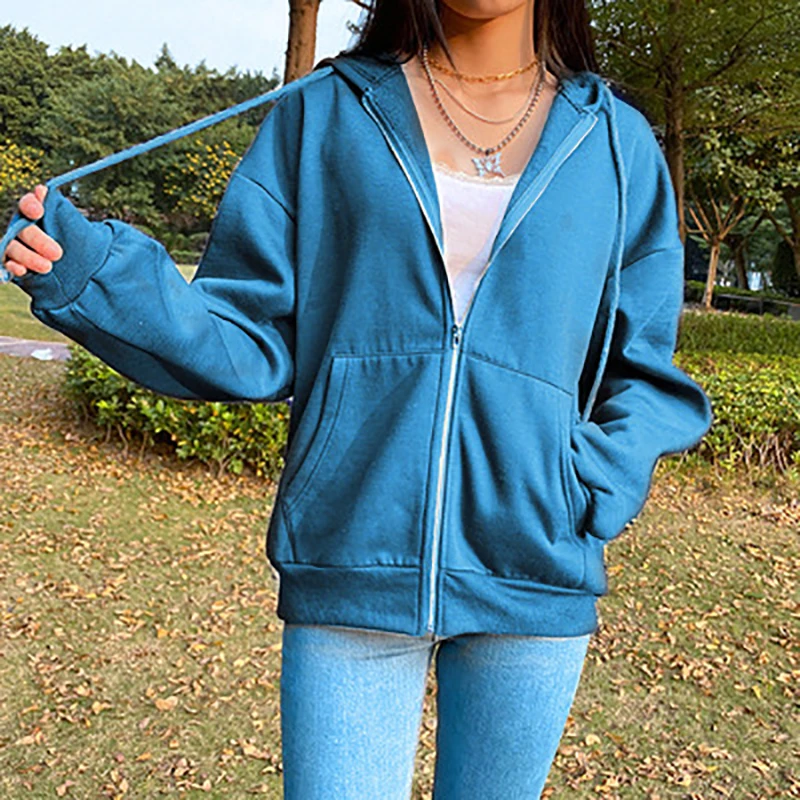 

2021 New Zip Up Sweatshirt Winter Jacket Clothes Oversize Hoodies Women Plus Size Vintage Pockets Long Sleeve Pullovers