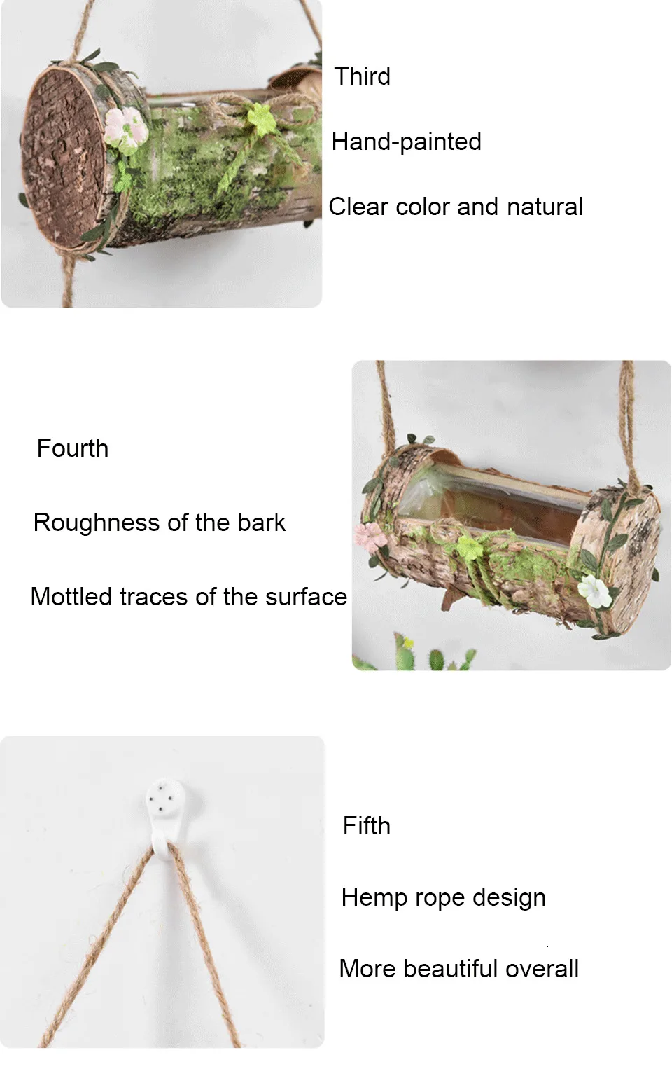 Household Wall Hanging Flower Pot Natural Bark Flower Pot Handmade Hemp Rope Bow Vertical Flower Pot Creative Wall Decoration