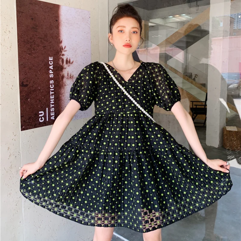 

Kimotimo Print Loose V-neck Dress Korean Ins Elegant Fashion Jacquard Design 2021 Summer Puff Sleeve Lace Up A-Line Short Dress