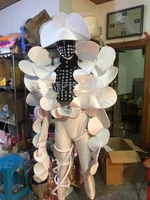 male muscle man costume model catwalk stage show white future technology fan shaped bar gogo costumes