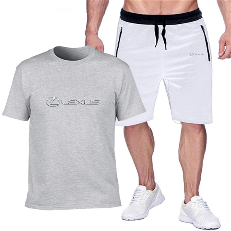 

popular new LEXUS car logo printed pure cotton men's T-shirt + Sports Shorts Set high quality pures T shirt sport running
